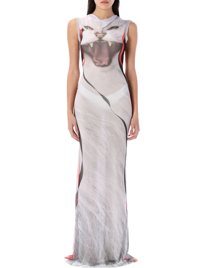 Ottolinger Cowl Neck Mesh Printed Maxi Dress With Sheer Details