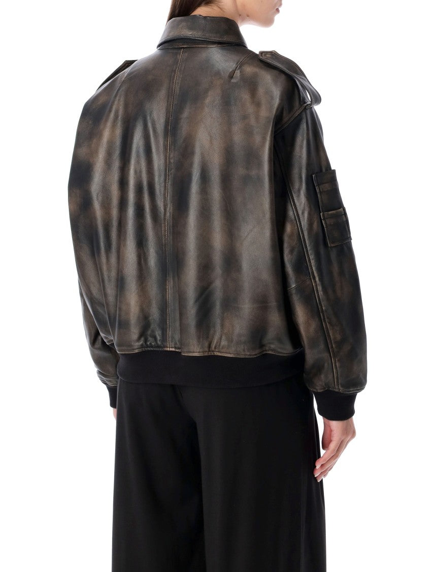 Sword Rub Off Leather Bomber Jacket