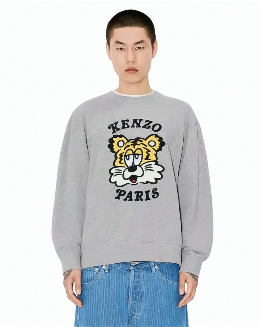 Kenzo Heather Grey Long-Sleeve Sweatshirt With Tiger Graphic