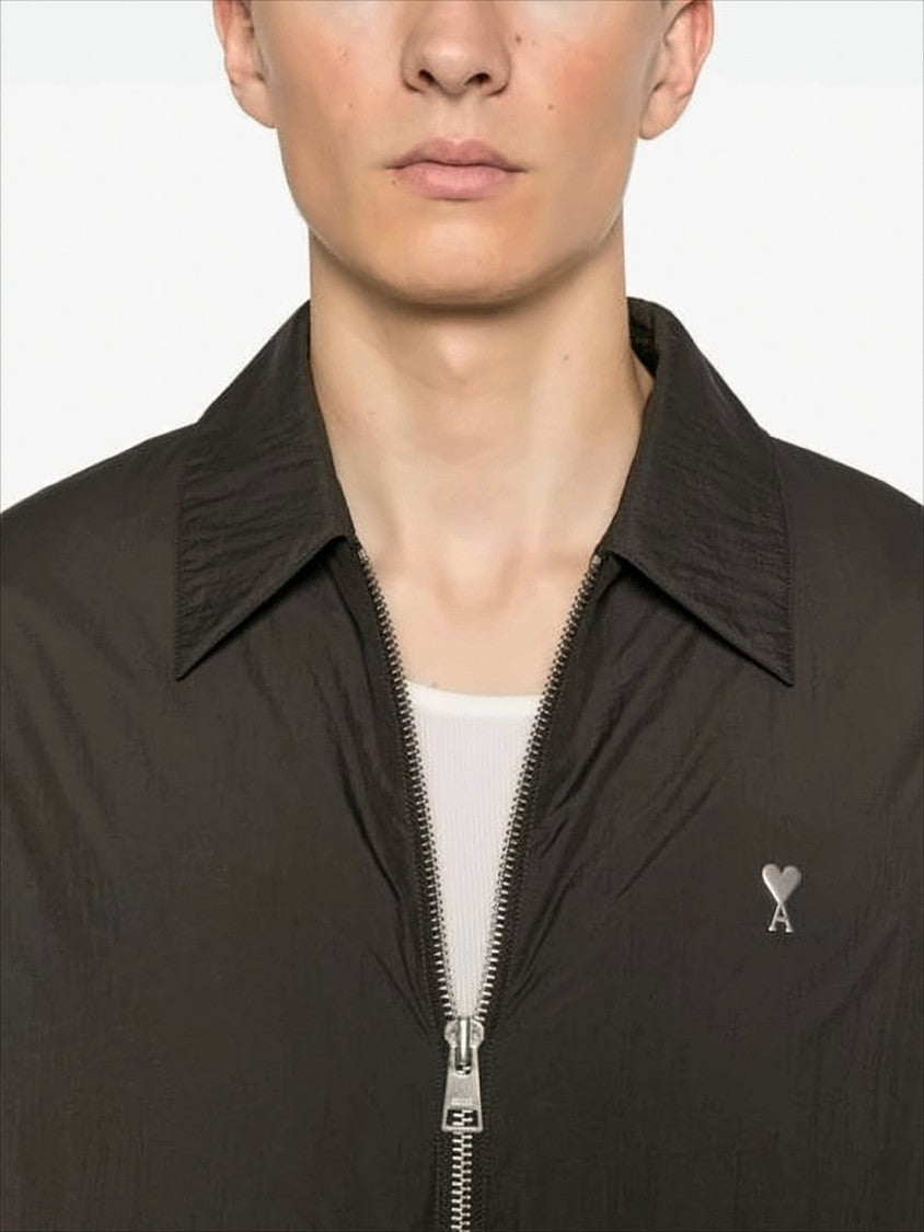 Ami Cropped Black Bomber Jacket With Classic Collar And Logo Detail