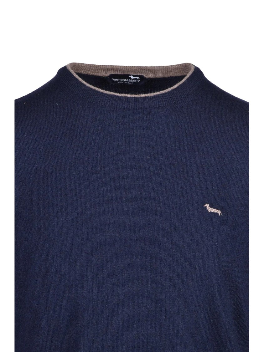Harmont&Blaine Blue Contrast Trim Wool-Blend Sweater