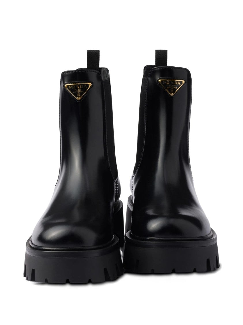Prada Black Leather Lug Sole Ankle Boots