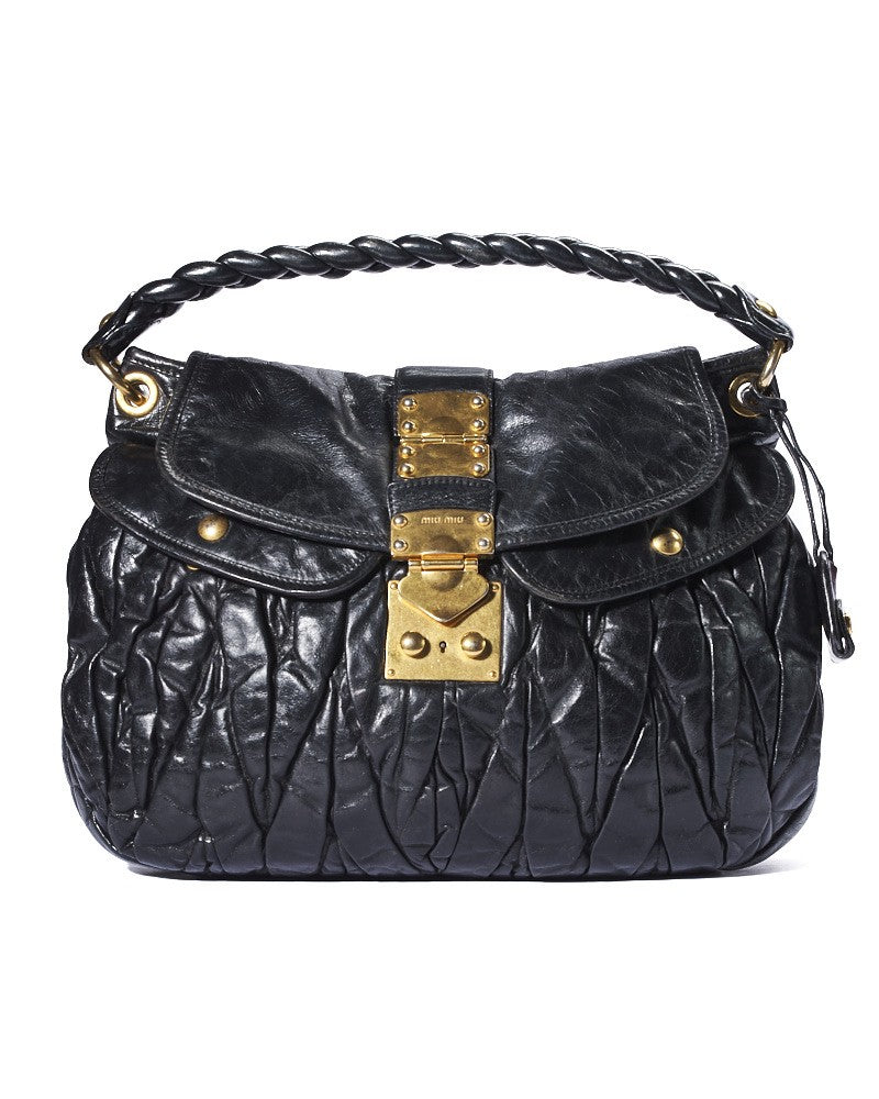 Miu Miu Large Textured Black Leather Coffer Handbag