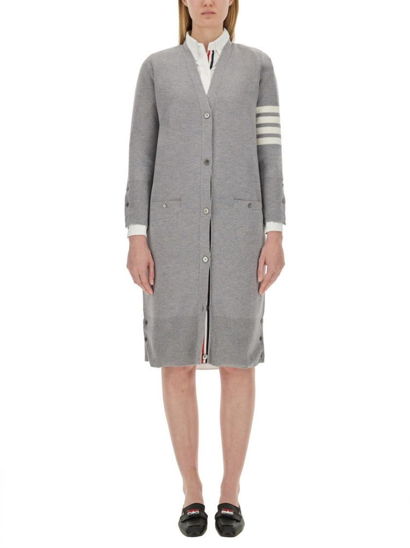 Thom Browne Virgn Wool Cardigan Dress With Sporty Stripe Detail