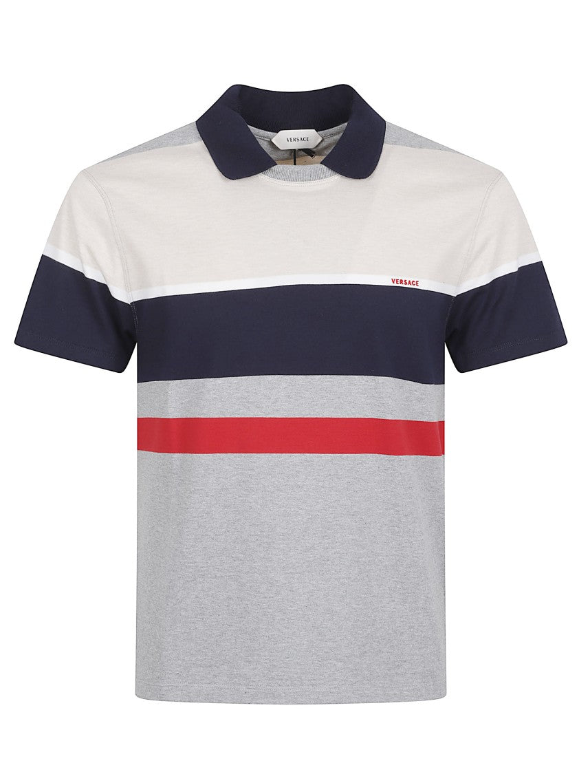 Versace Horizontal Striped Short-Sleeve Polo With Contrasting Collar