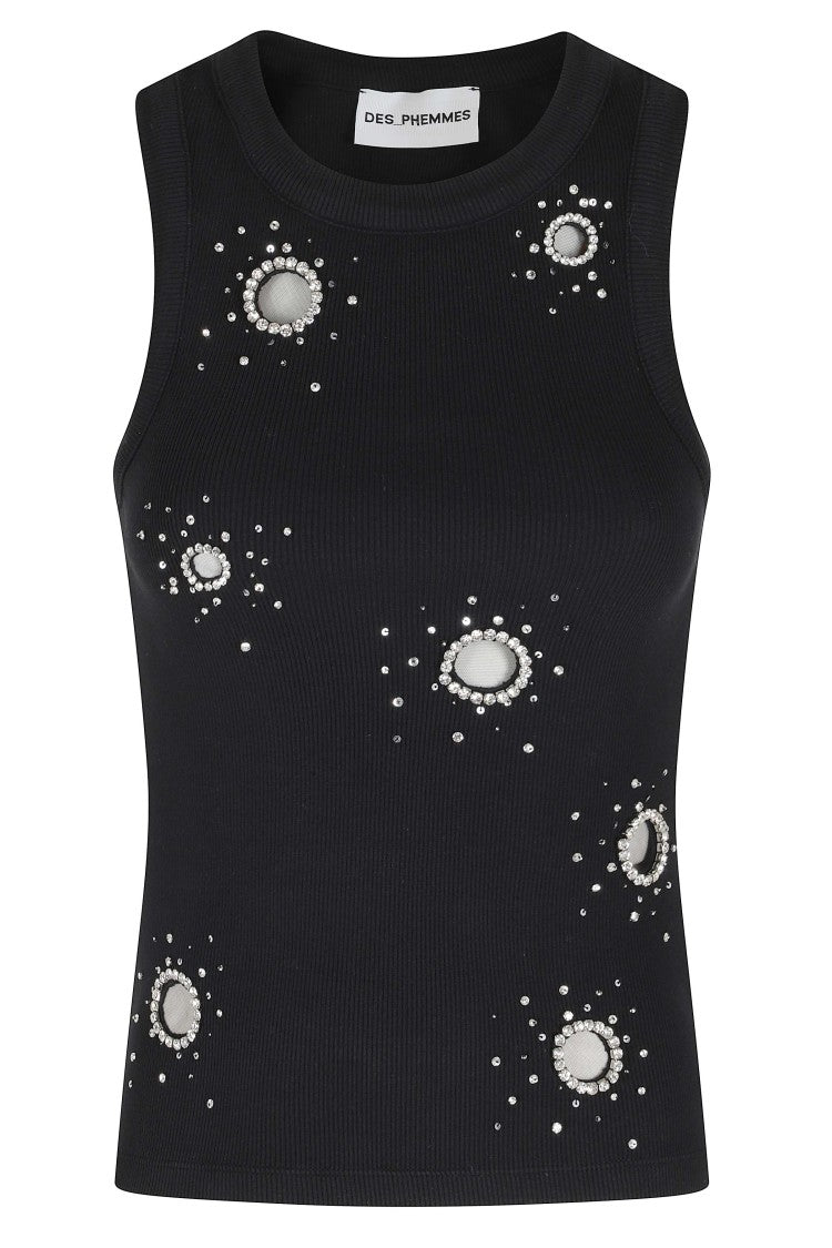Des Phemmes Black Rhinestone-Embellished Cotton Tank Top