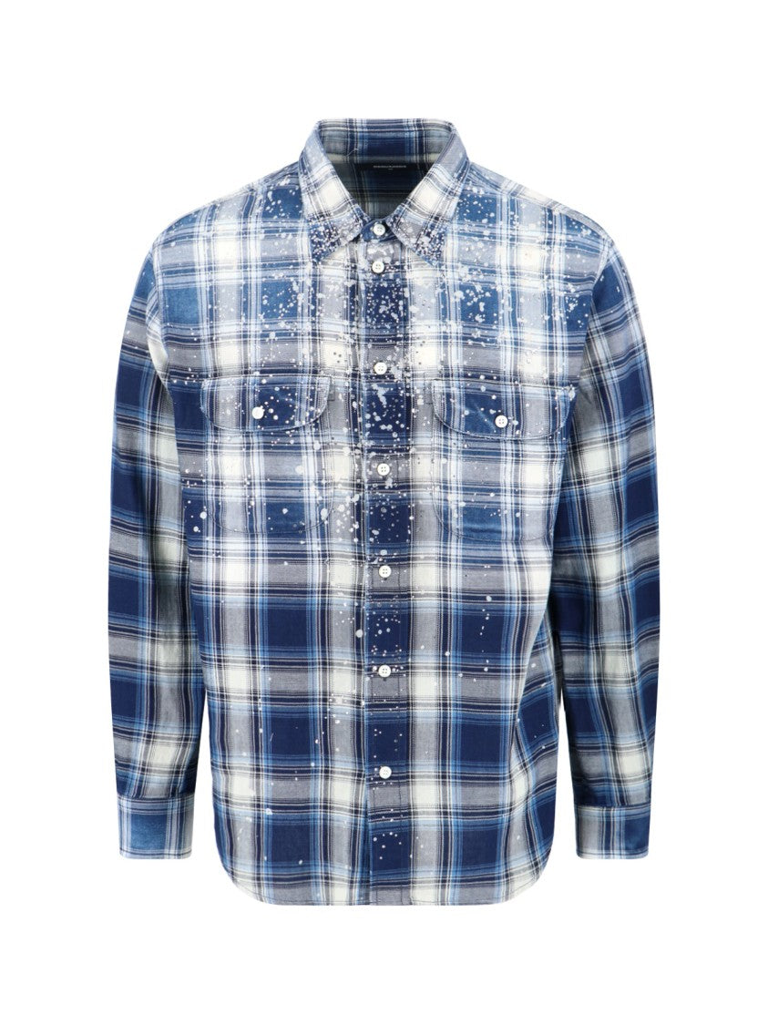 Dsquared2 Vintage Blue Plaid Shirt With Crystal Accents And Classic Collar