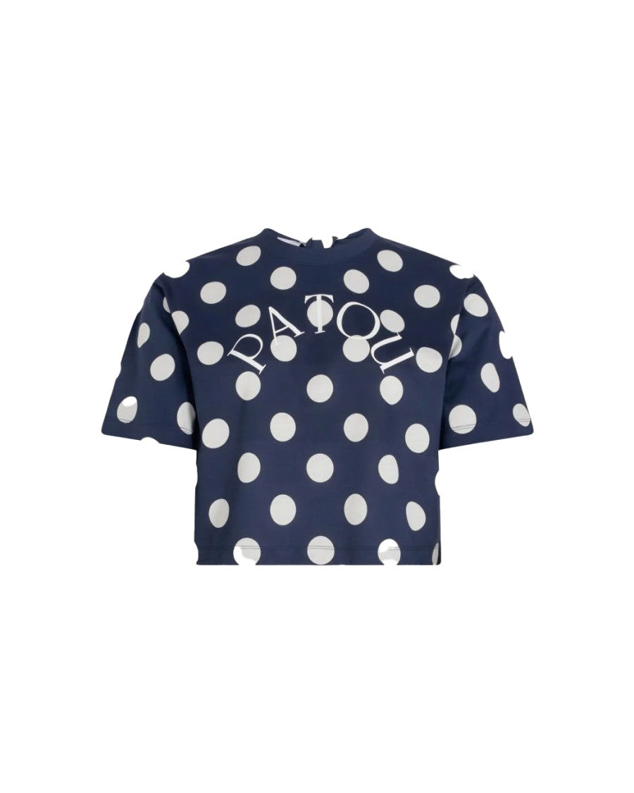 Patou Cropped Navy Polka Dot T-Shirt With Bold Logo