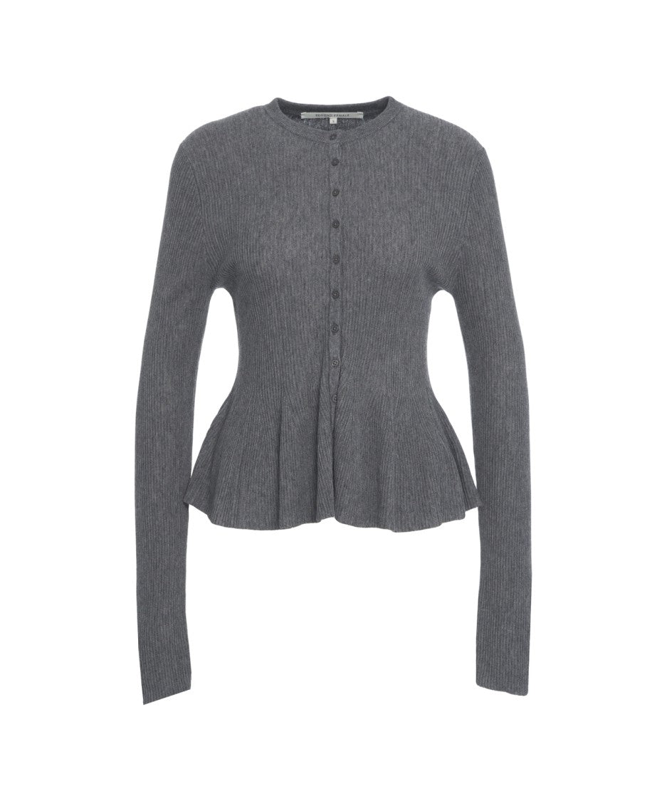Second Female Ribbed Knit Cardigan With Button-Down Closure And Peplum Hem