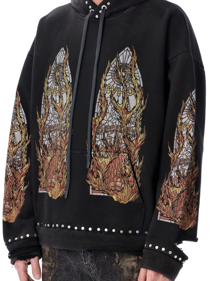 Who Decides War Hardware Graphic Flame Hooded Pullover