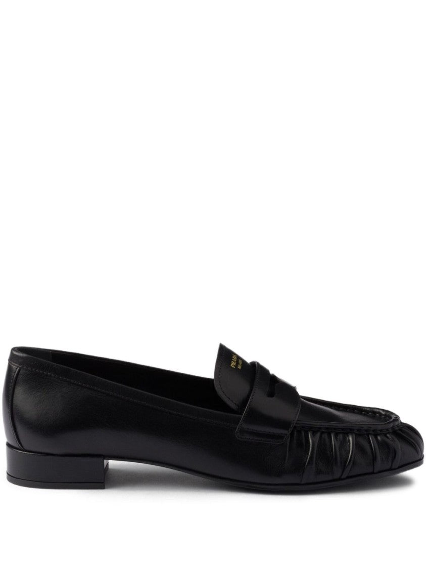 Prada Gathered Leather Loafers With Embossed Branding