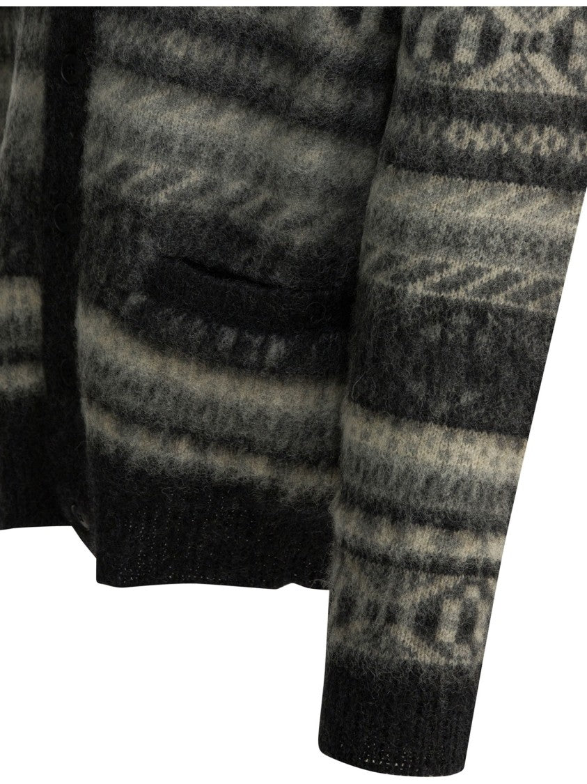 Beams Plus Button-Up Knitwear With Shawl Collar And Geometric Motifs
