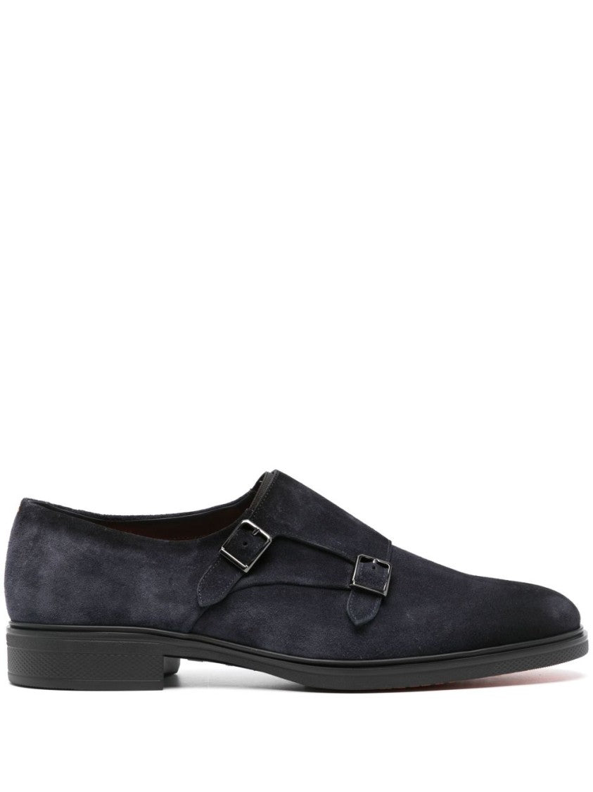 Santoni Double Monk Strap Shoes In Deep Navy Suede