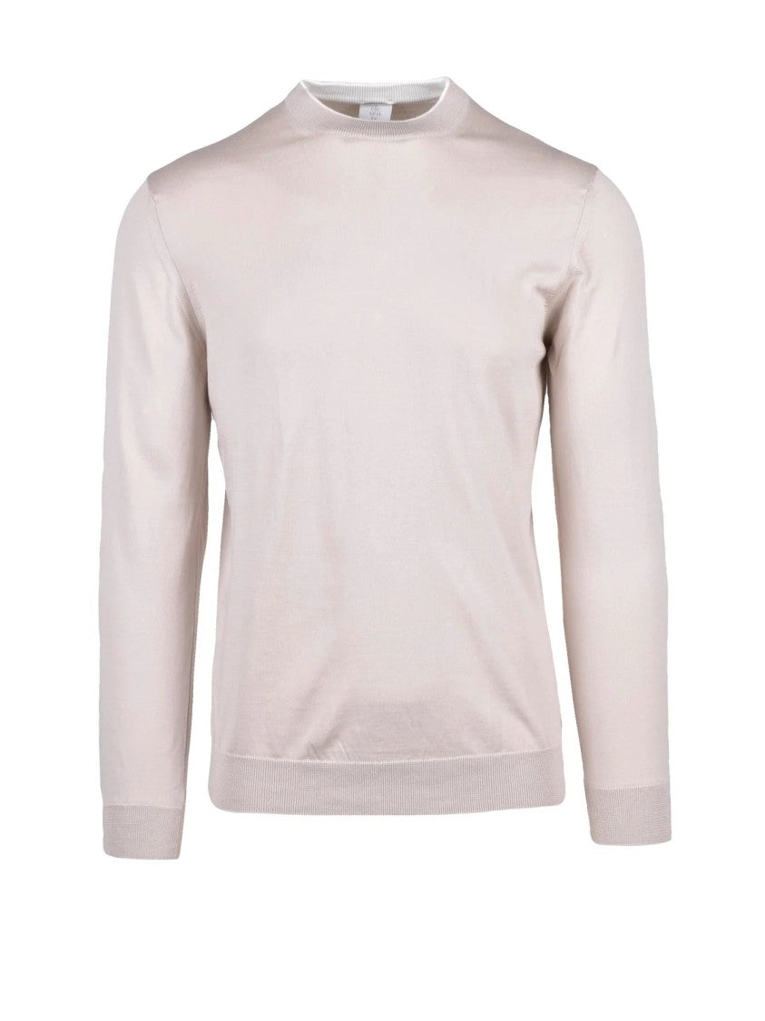 Eleventy Beige White Men Cotton Crew Neck Sweater