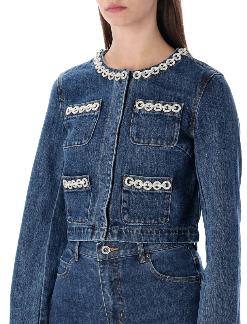 Self-Portrait Cropped Denim Jacket With Crystal Chain Trims