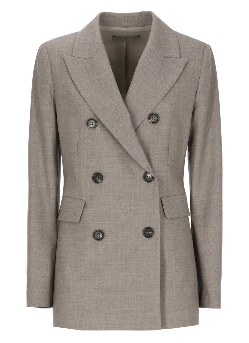 D. Exterior Beige Wool Peak-Lapel Double-Breasted Blazer