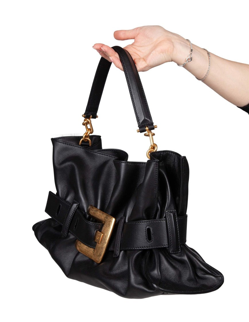Balmain Anthem Medium Leather Handbag, Black
