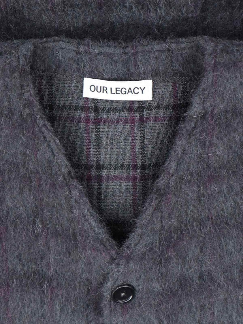 Our Legacy “Plum Check” V-Neck Cardigan – Grey