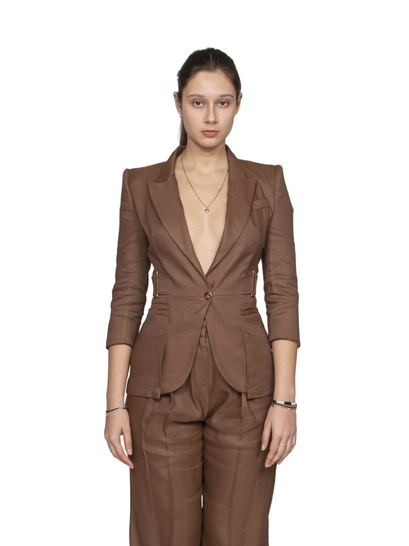 Elisabetta Franchi Brown Side Buckle Tailored Blazer