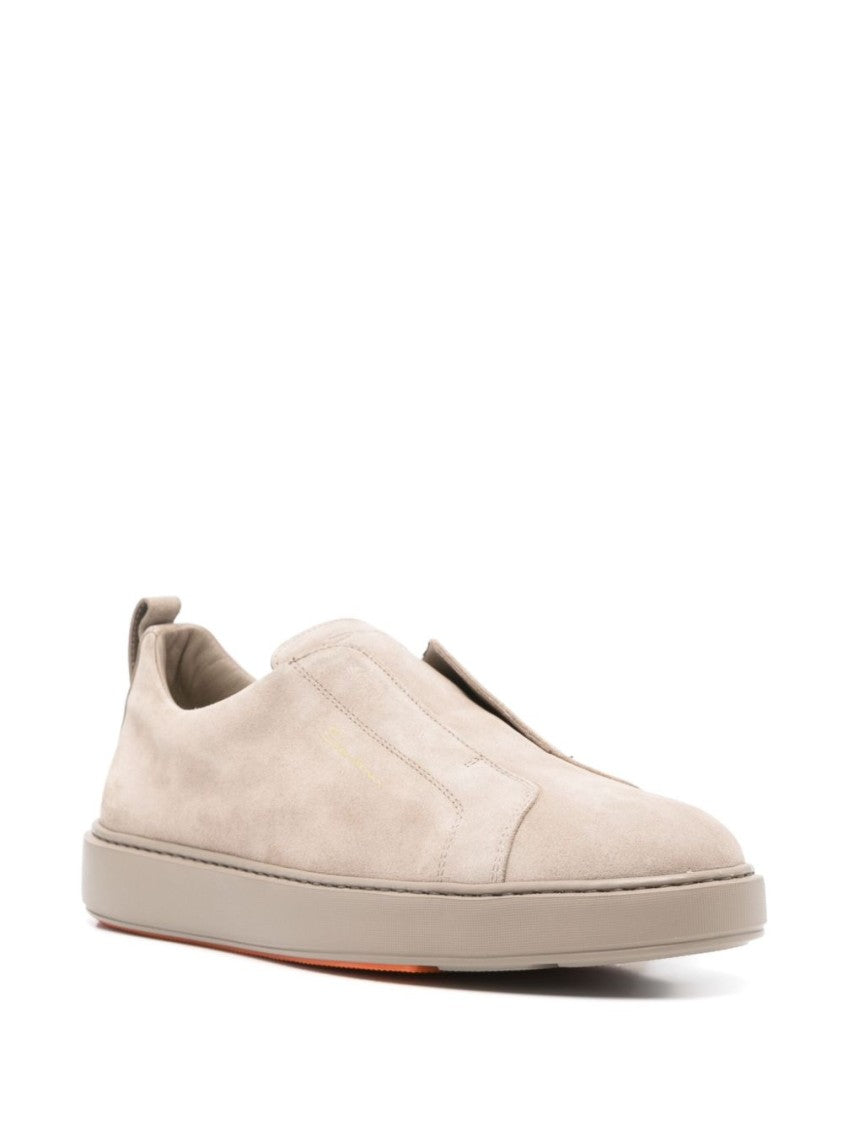 Santoni Taupe Calf Suede Slip-On Sneakers