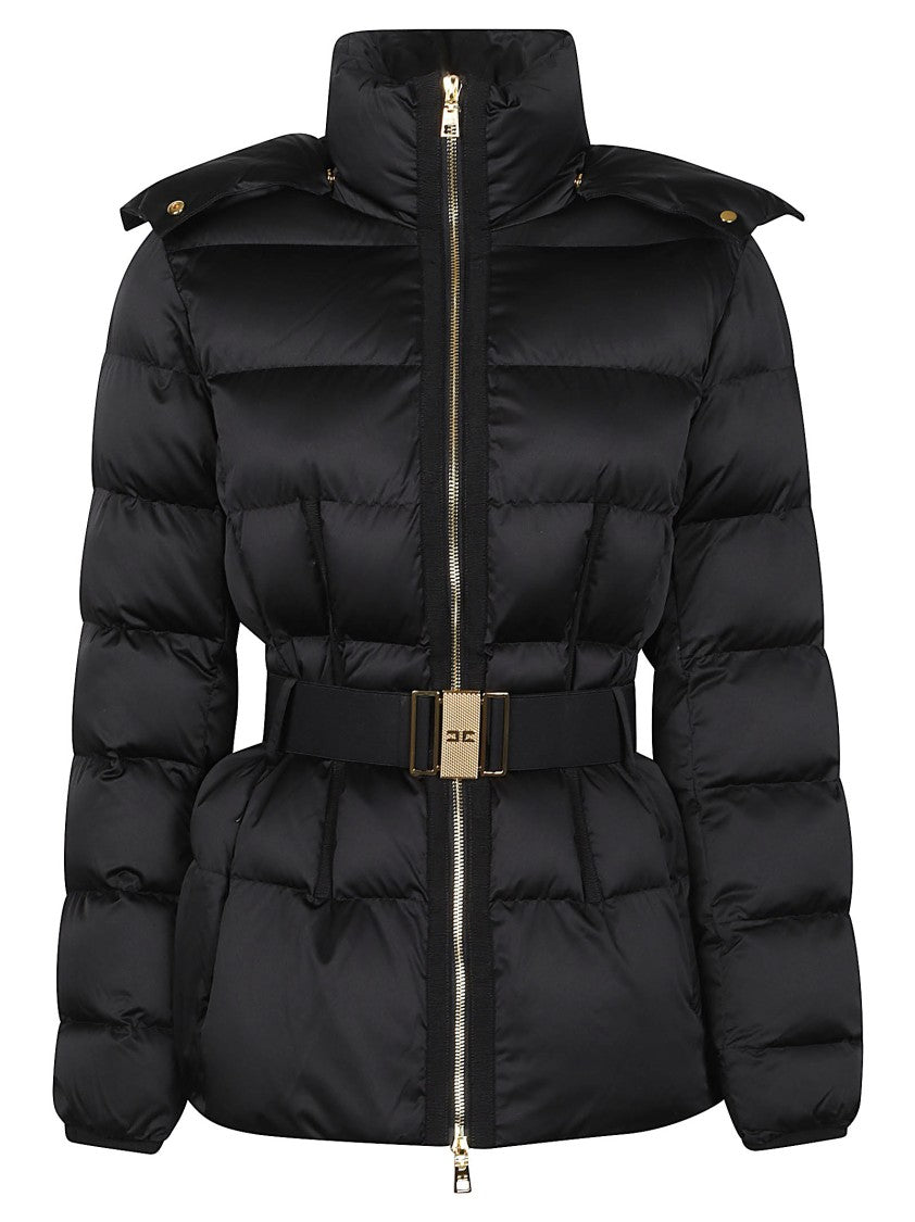 Elisabetta Franchi Black Padded Belted Hooded Polyester Jacket