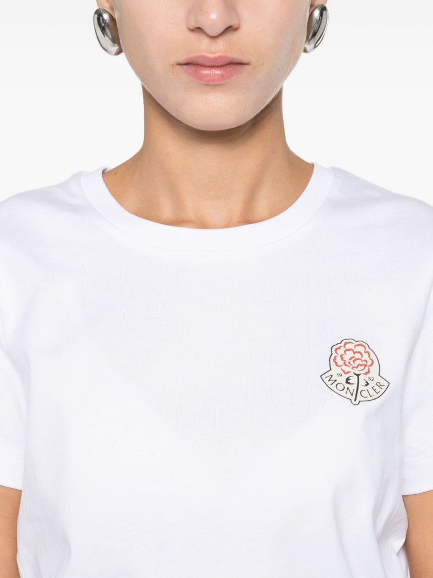 Moncler White Cotton T-Shirt With Embroidered Floral Logo