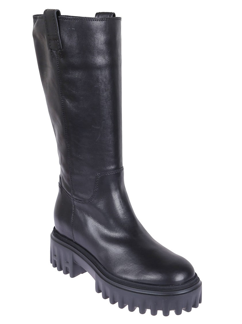 Hogan Mid-Calf Black Leather Boots With Side Zip