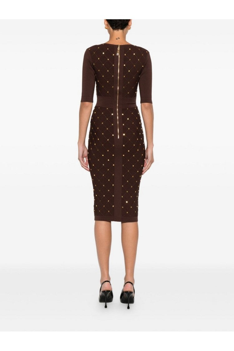 Elisabetta Franchi Brown Gold-Stud Geometric Embellished Viscose-Blend Midi Dress