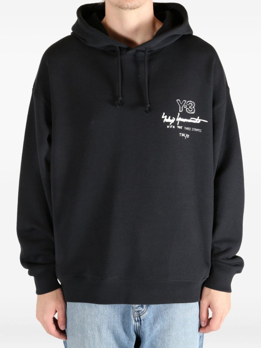 Y-3 Graphic-Print Black Cotton Hoodie With Drawstring Hood