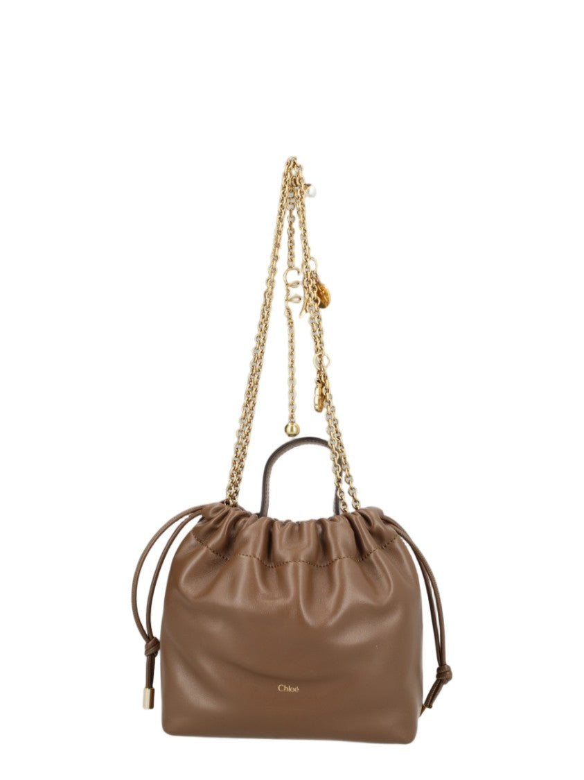 Chloé Brown Gold-Tone Chain Strap Gathered Leather Shoulder Bag