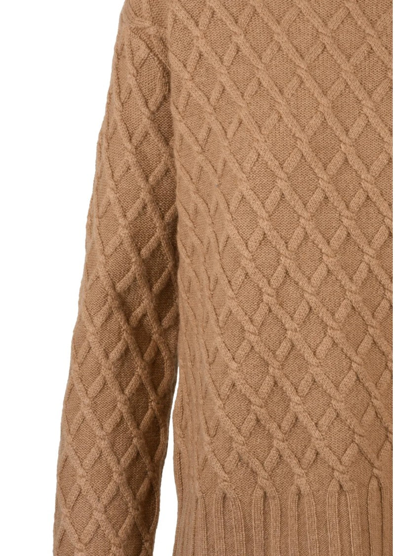 Max Mara Textured Diamond Knit Turtleneck Sweater In Luxurious Camel