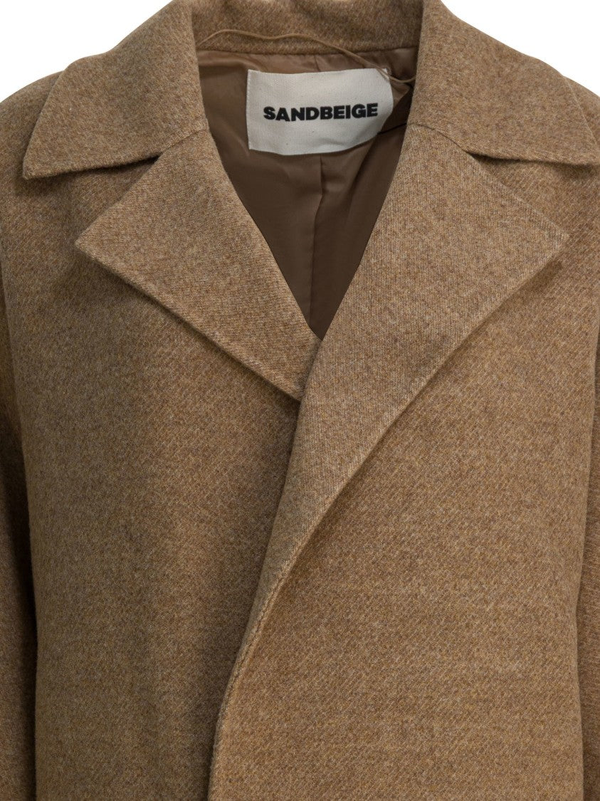 Sandbeige Mid-Length Wool Coat With Wide Lapel