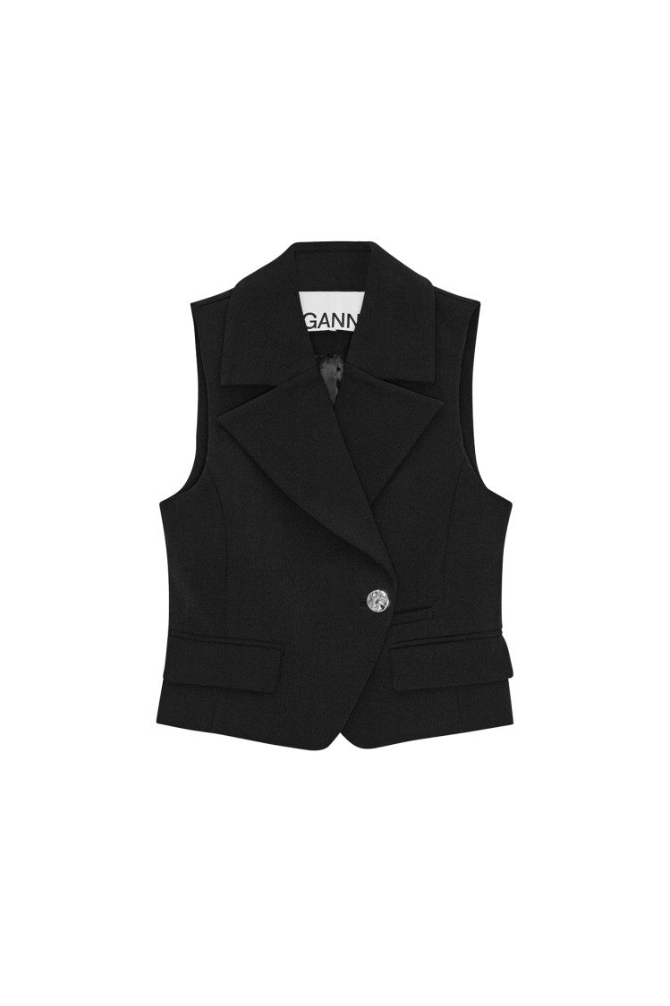 Ganni Black Bonded Crepe Vest With Double Collar