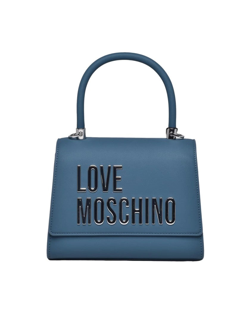 Love Moschino Structured Crossbody Bag With Bold Metallic Lettering And Silver Chain Detail