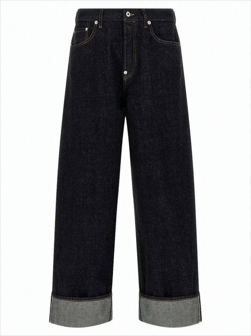 Kenzo Wide-Leg Denim Pants With Cuffed Hem And Back Leather Patch