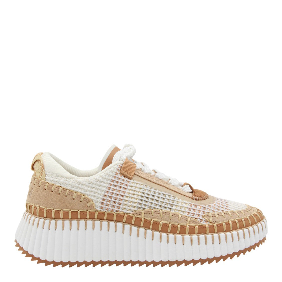 Chloé White-Ribbed Sneakers With Textured Tan