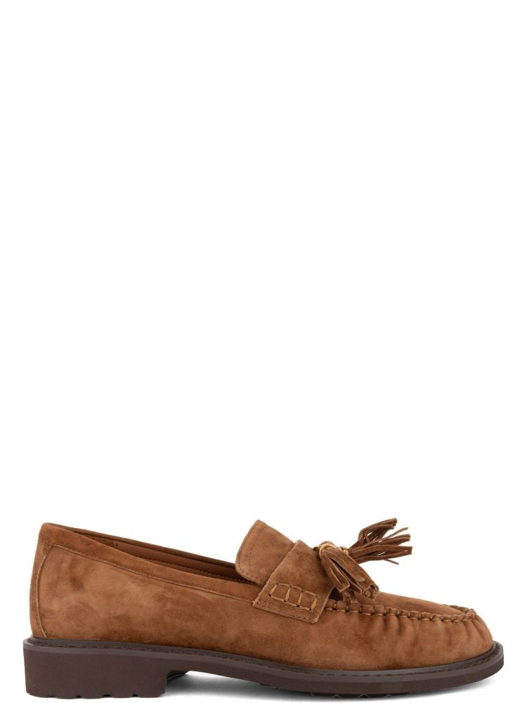 Adrianna Feretti Brown Decorative Tassel Moccasin Suede Loafers