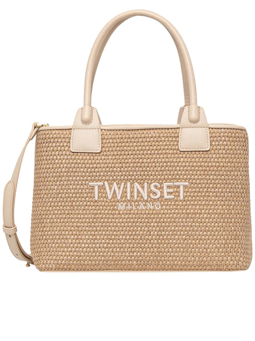 Twin-Set Parchment Rectangular Woven Handbag