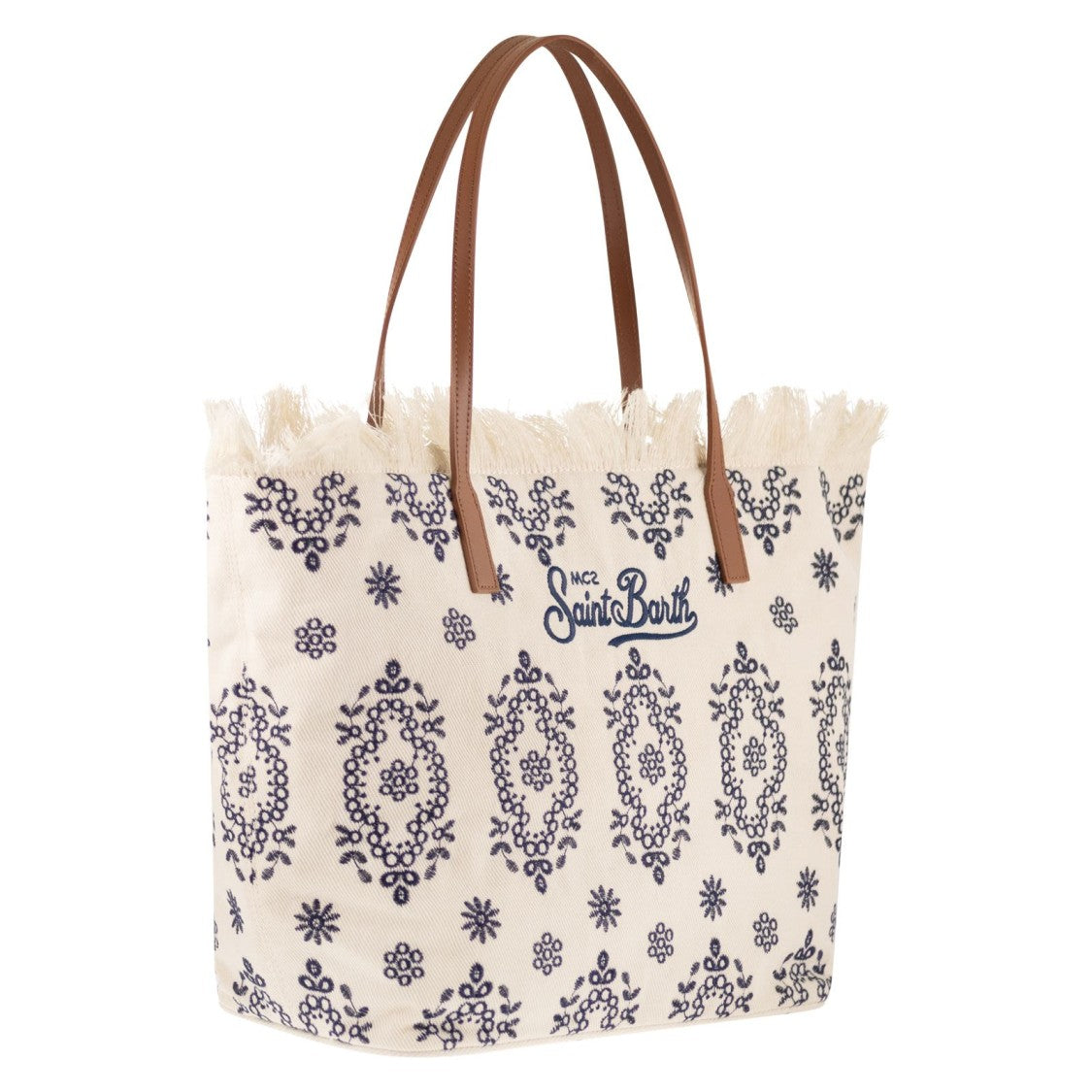 Mc2 Saint Barth Spacious Cream Tote Bag With Navy Embroidery