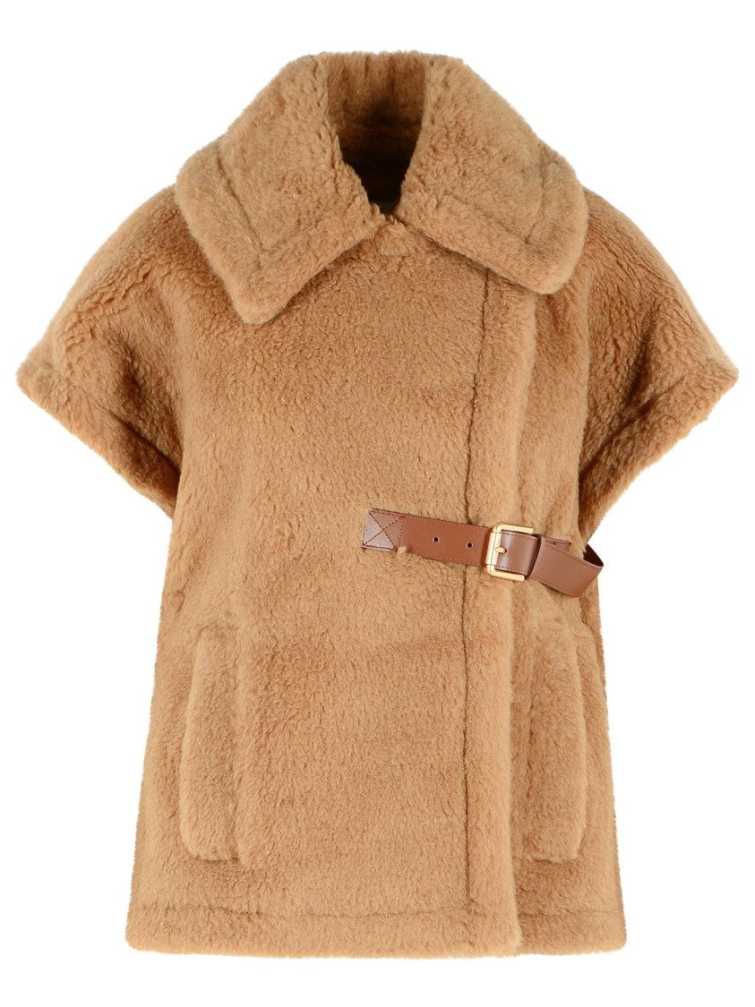 Max Mara Camel Teddy Fabric Cape With Leather Closure And Viscose Lining