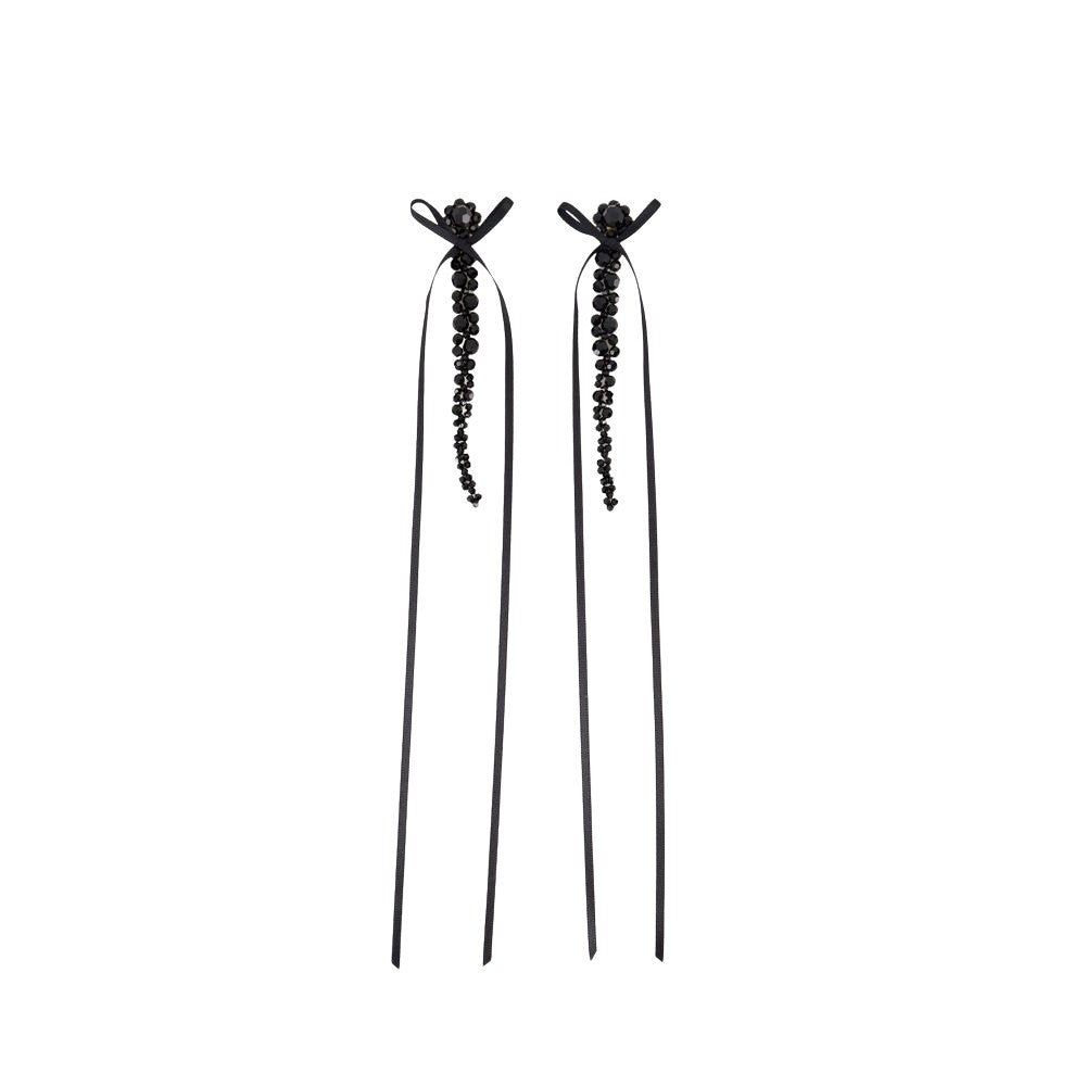 Simone Rocha Slim Bow Ribbon Drip Earrings - Crystal - Black