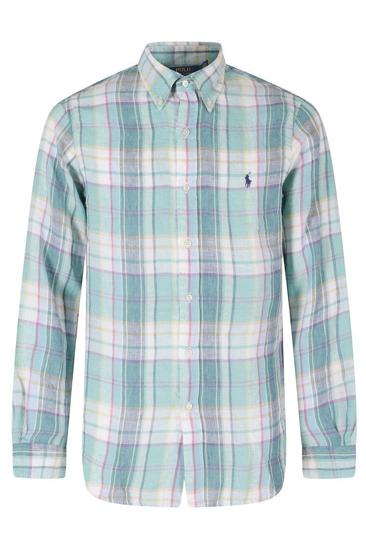 Polo Ralph Lauren Green Blue White Plaid Button-Down Linen Slim Shirt