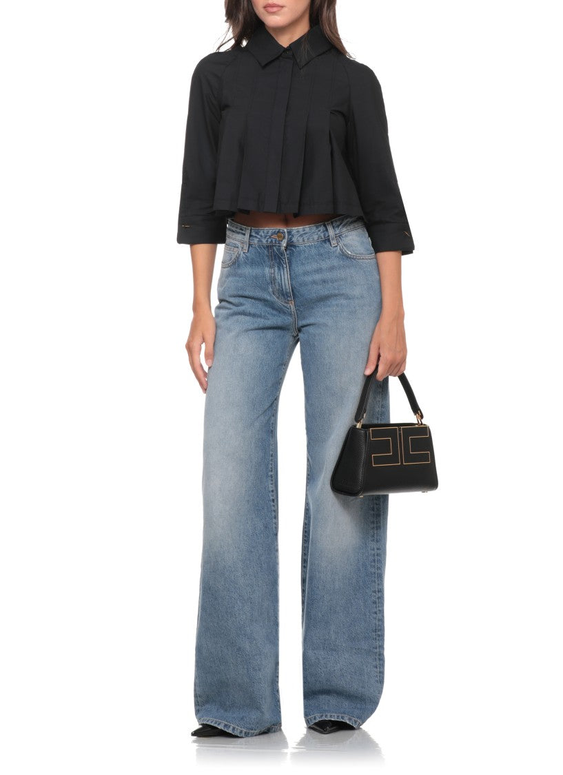 Elisabetta Franchi Black Chain-Cuff Cropped Cotton Shirt