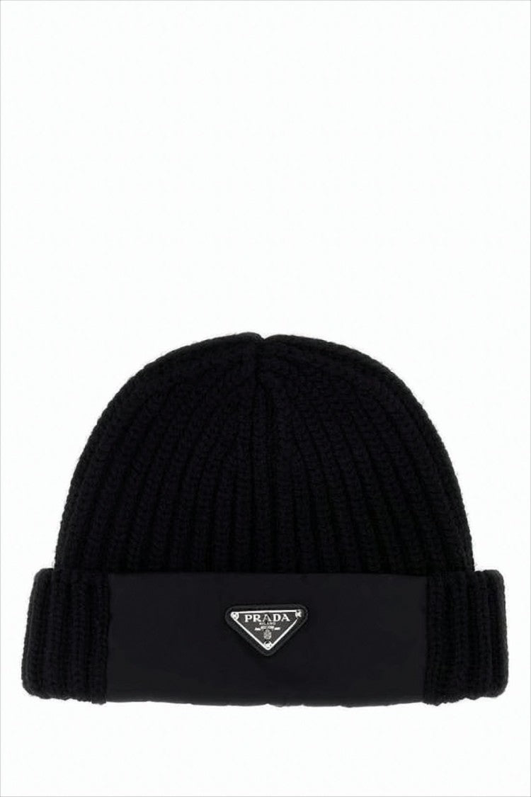 Prada Ribbed Knit Beanie With Triangular Logo Plaque