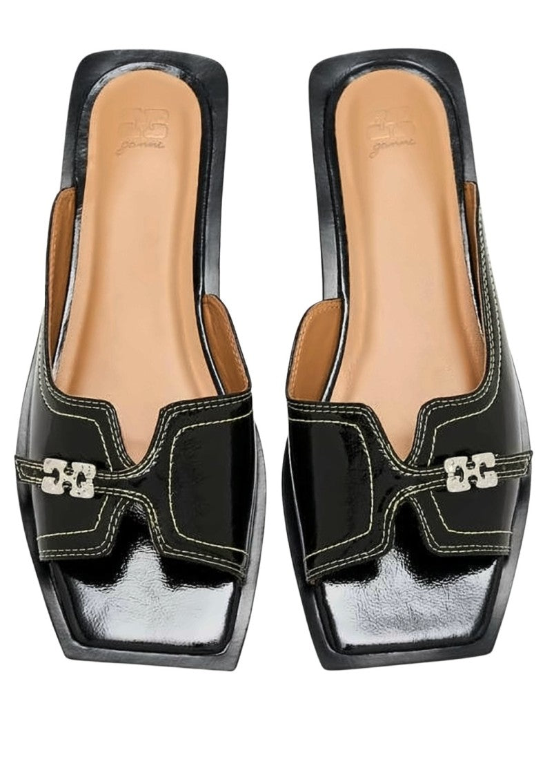 Ganni Glossy Square-Toe Sandals With Metallic Embellishment