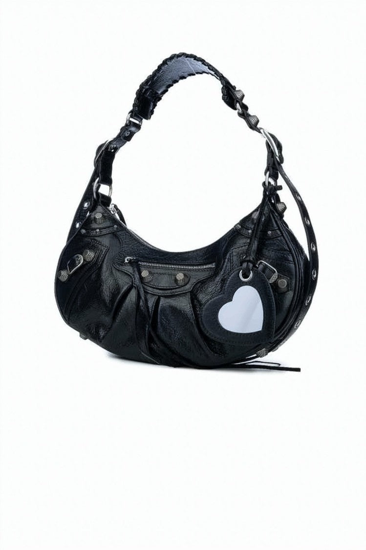 Balenciaga Curved Black Lambskin Shoulder Bag With Silver Accents