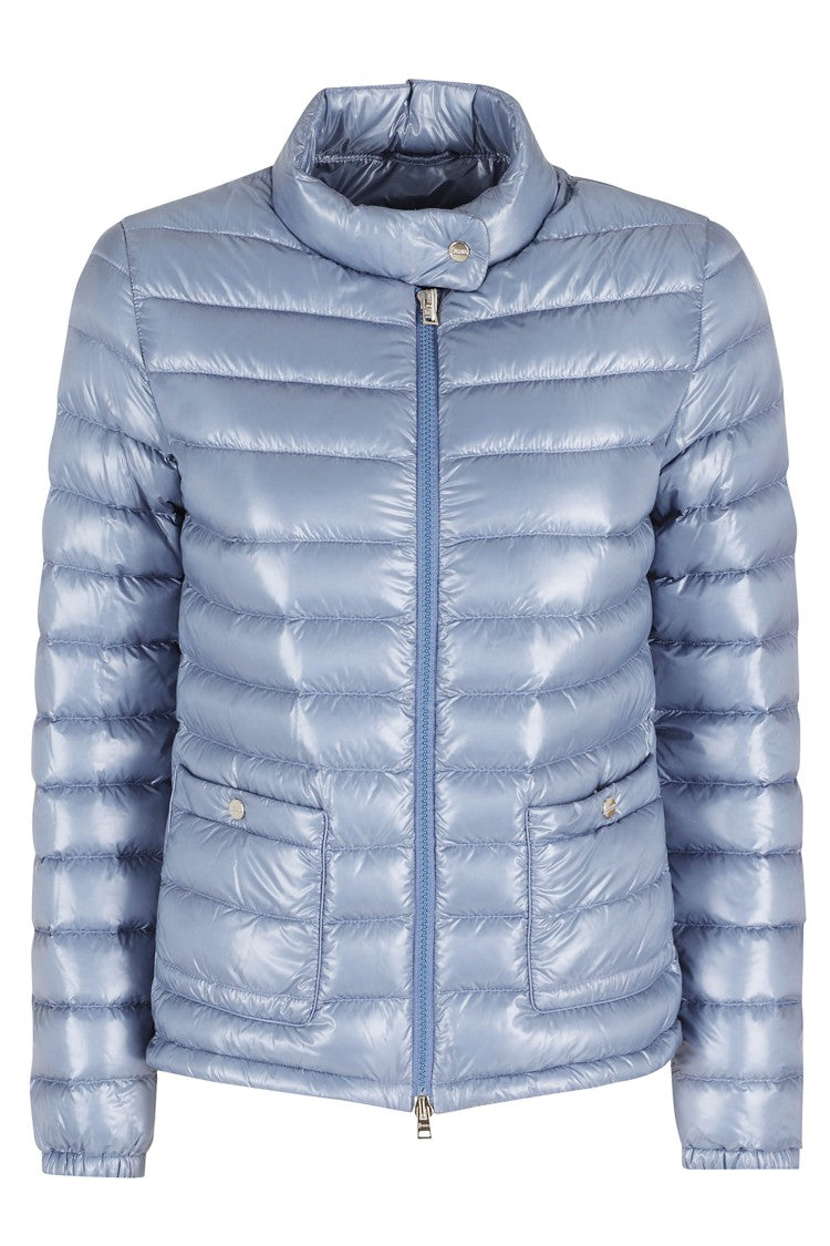 Herno Light Blue Round Neck Button-Patch Zip-Front Polyamide Down Jacket