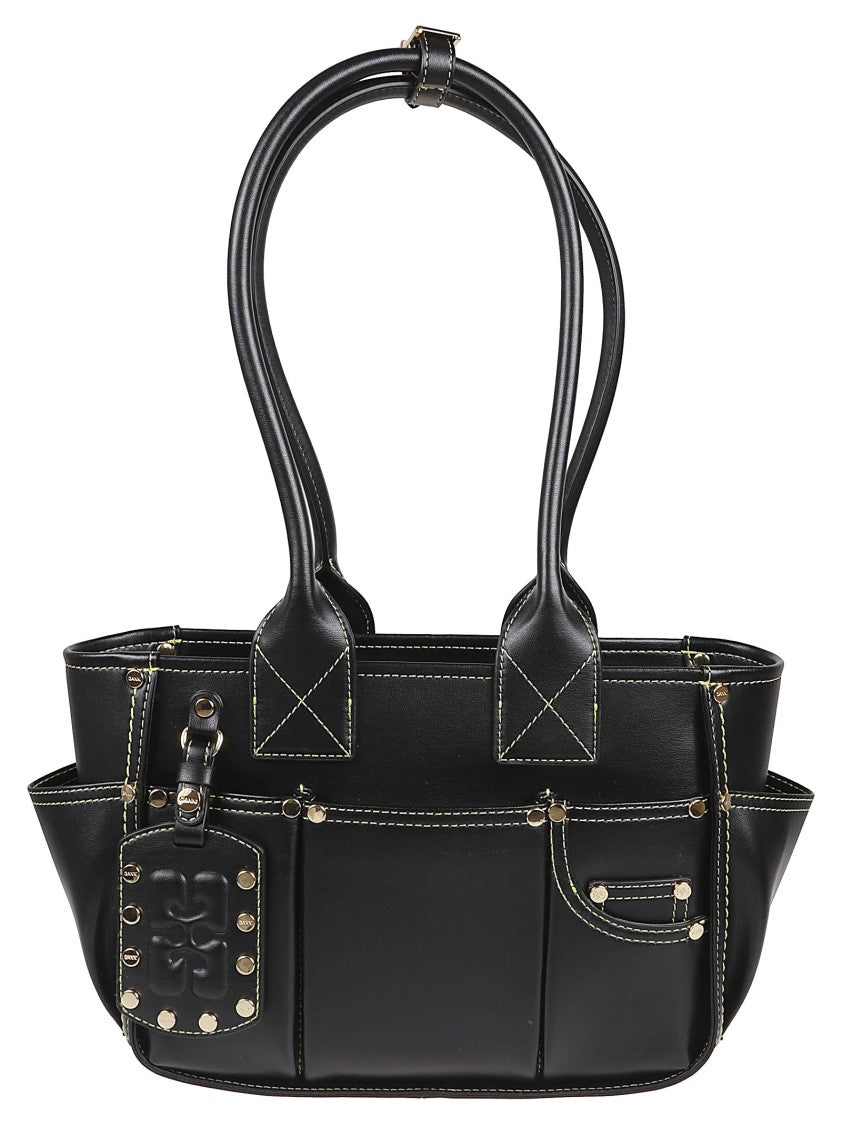 Ganni Structured Black Handbag With Contrasting White Stitching