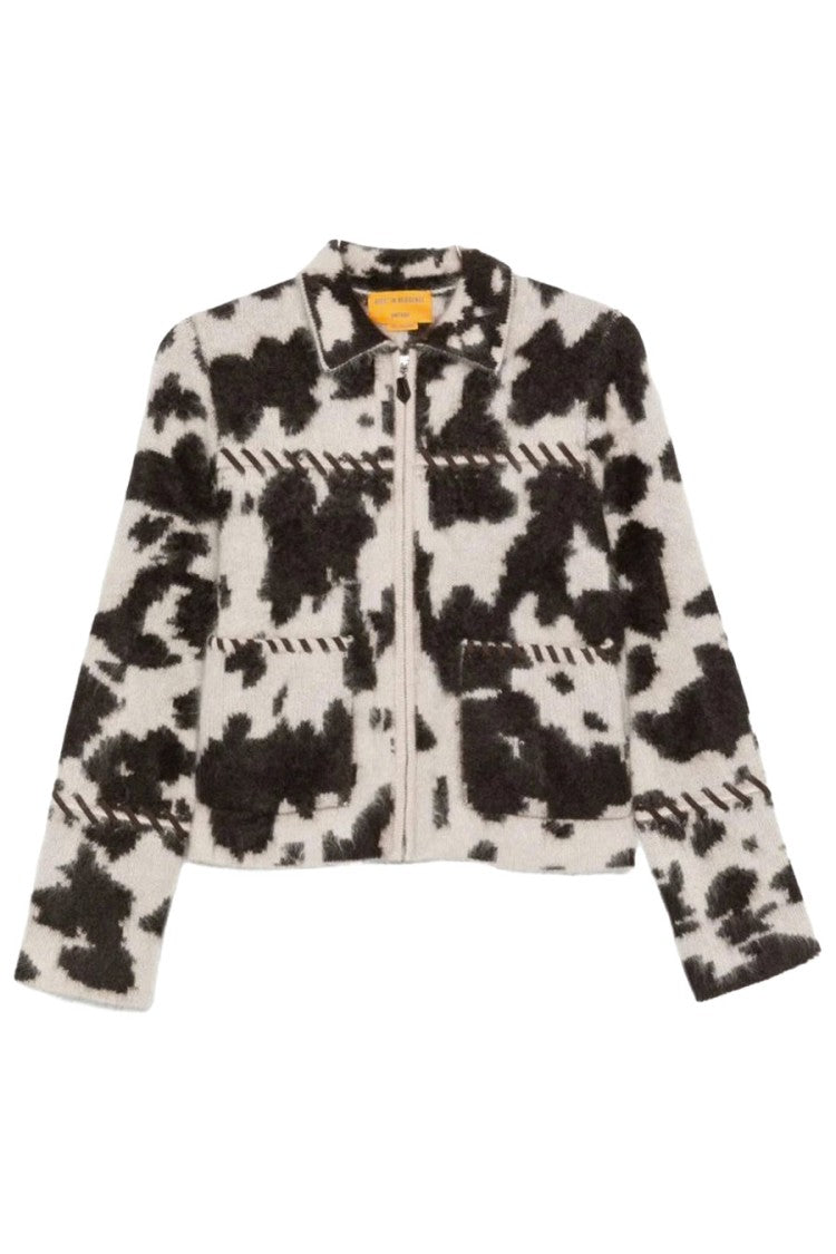 Guest In Residence Cream Grizzly Cowhide-Print Cropped Zip-Front Cashmere Jacket