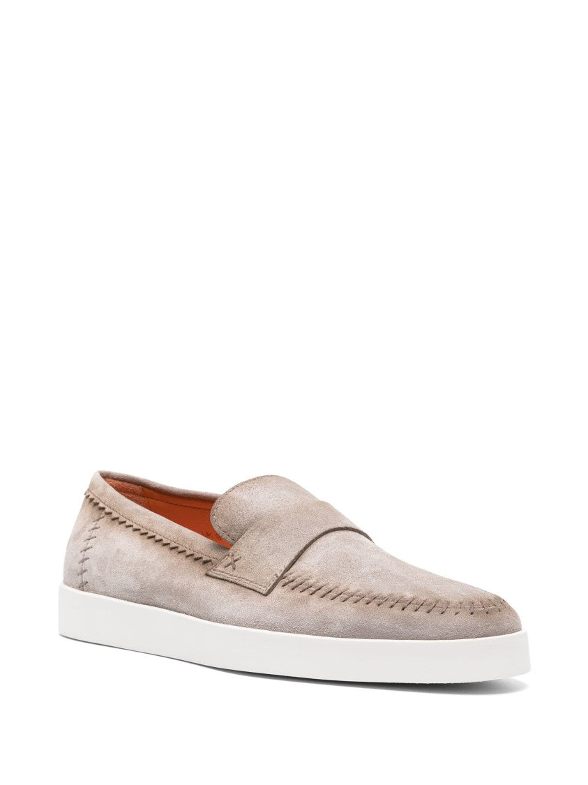 Santoni Brown Leather Loafers With Decorative Stitching